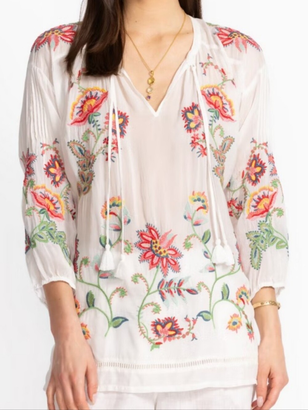 Johnny Was White Peasant Tunic with Vibrant Floral Embroidery Size Small EUC